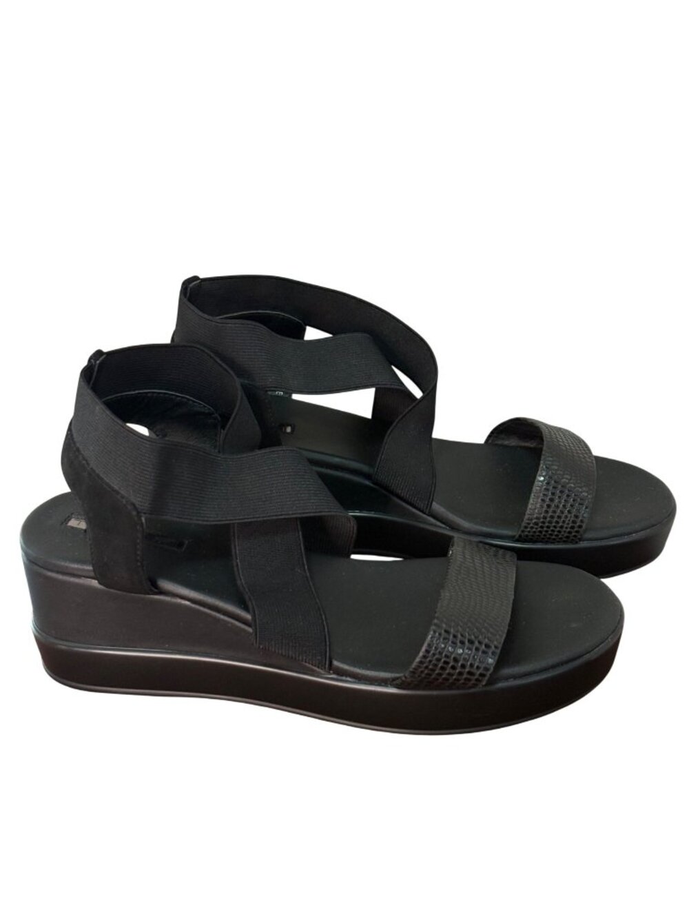 Tahari Prince Black Wedge Sandals Elastic Strap Snake Print Womens 7.5M
